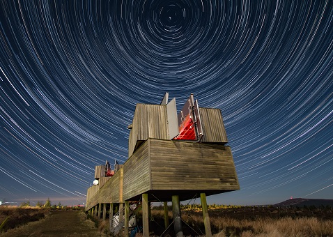 Star trails filling the sky above Kielder Observatory